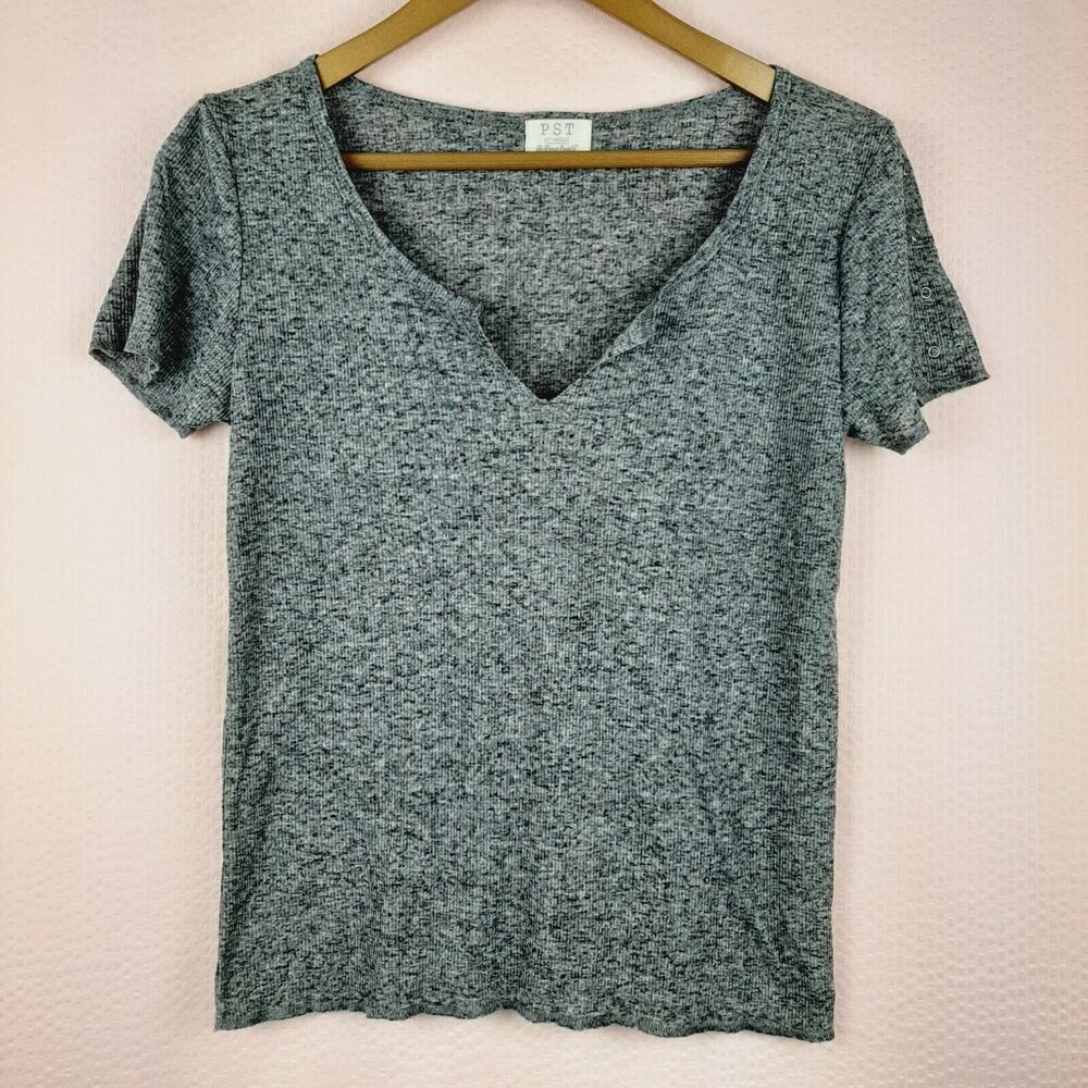 PST Los Angeles Women Linen Blend Ribbed Knit Top Made in USA Snap Sleeve Size L